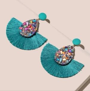 New Teal And Multicolor Tassel And Rhinestone Drop Earrings